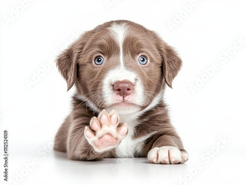 minimal photostock of a  The puppy of Australian Shepherd is lying on his back giving a paw , isolated on white background,  , copy space, copy space for text, photo