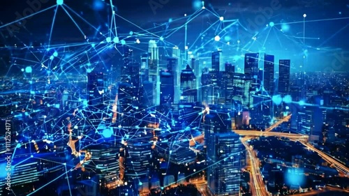 Wallpaper Mural A futuristic city skyline illuminated with blue digital connections and a network overlay. Torontodigital.ca