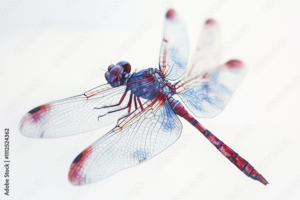 A dragonfly perches on a white surface, its vibrant colors standing out A dragonfly perches on a white surface, its vibrant colors standing out
