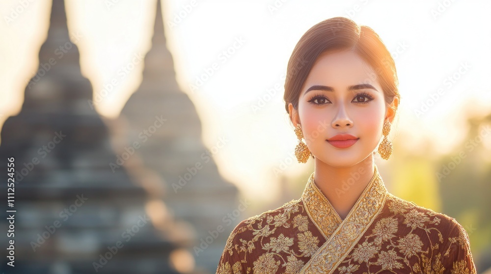 Graceful woman in brown dress with golden details