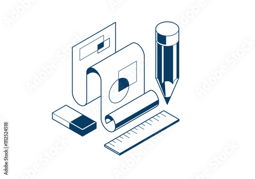 Engineering project concept, paper document blueprint with pencil engineer work job vector 3D isometric illustration, abstract plan drawing, cad scheme icon.