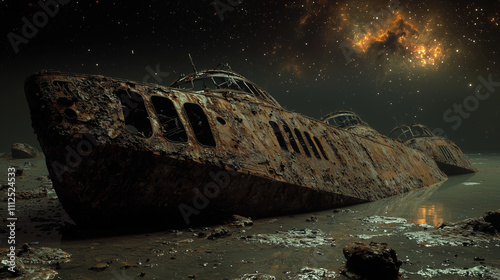 derelict spacecraft washed up on an alien shore under a starlit sky with cosmic nebula