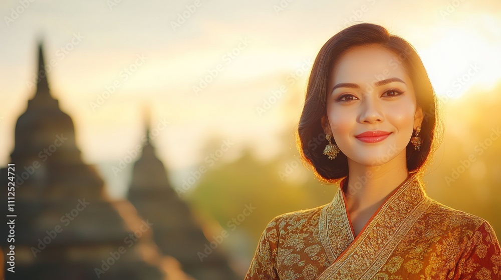 Confident woman in rich attire at golden dusk Confident woman in rich attire at golden dusk