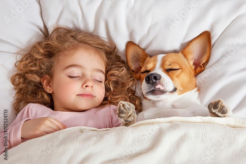 minimal photostock of a Sweet curly girl and jack russell dog is sleeping in night. , isolated on white background, , copy space, copy space for text,