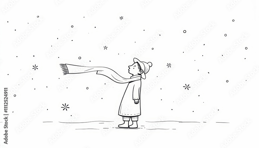 Fototapeta premium Black and white illustration of a young caroler in a scarf enjoying the snowfall
