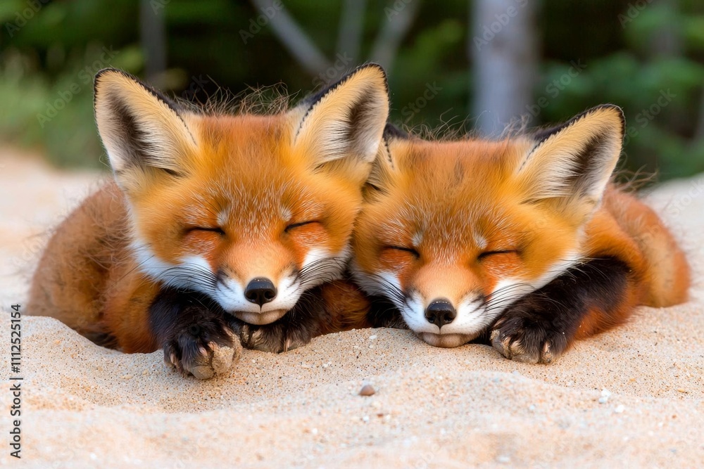 minimal photostock of a  Wild baby red foxes cuddling at the beach, June 2020, Nova Scotia, Canada , isolated on white background,  , copy space, copy space for text,