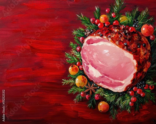 A glowing Christmas ham garnished with cloves and fruits, painted in vibrant acrylic strokes photo