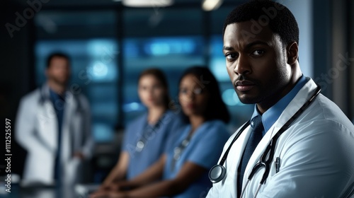 Determined male doctor in white coat leading team