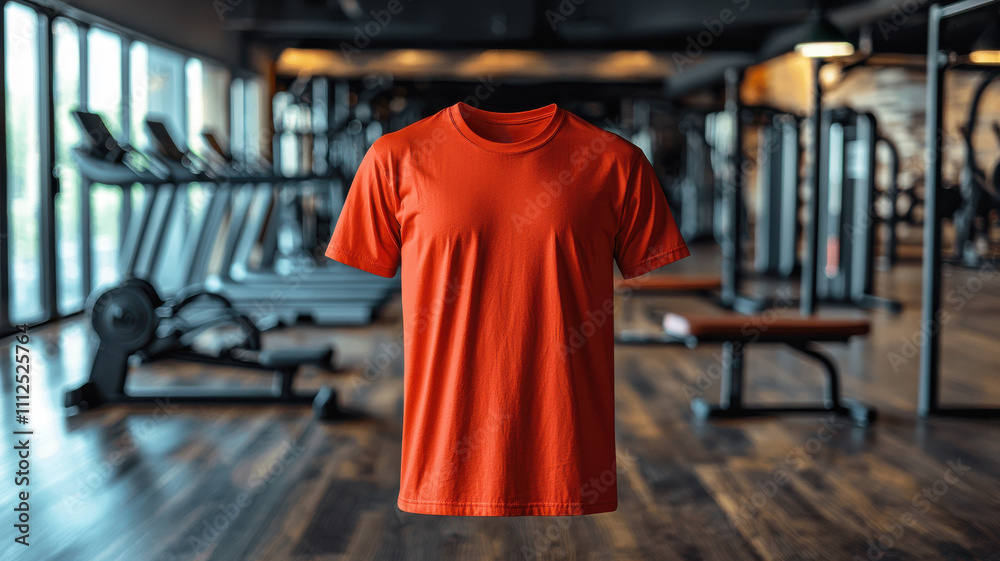 red T-shirt mockup concept. Sporty red t shirt displayed in modern gym setting, perfect for workouts