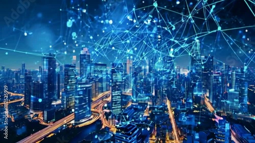 Wallpaper Mural A city skyline illuminated at night, overlaid with digital network connections and data points. Torontodigital.ca