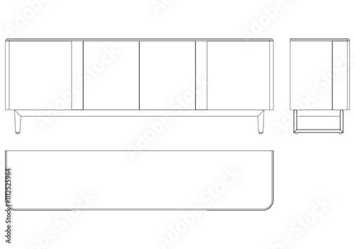 Hand drawn silhouette of mid century dresser. Modern furniture outline drawing. Line art cupboard for trendy interior design. Sketch commode on legs. Vector illustration