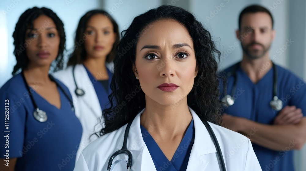 Confident female doctor leading a team of experts. Confident female doctor leading a team of experts.