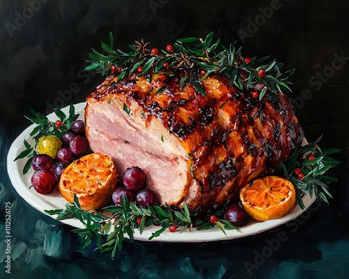 A glowing Christmas ham garnished with cloves and fruits, painted in vibrant acrylic strokes photo