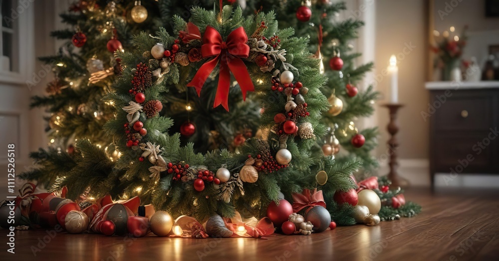 Festive wreath around the base of a decorated Christmas tree, wreath for door, pinecone wreath