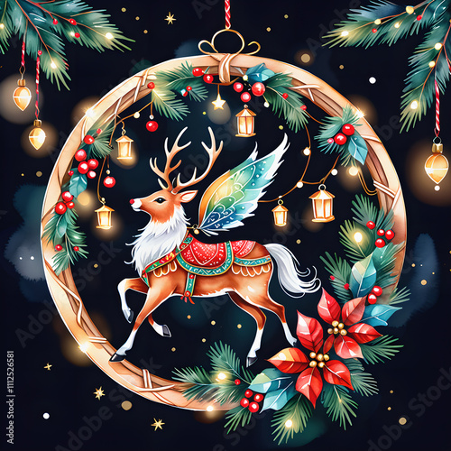 Magical Dreamcatcher Santa Sleigh: Intricate Weaving & Twinkling Fairy Lights in Watercolor Clip Art on Flat White Background photo