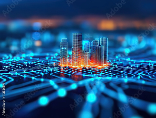 Digital cityscape with glowing network connections and skyscrapers, showcasing futuristic urban environment. vibrant colors and intricate details evoke sense of innovation and technology photo