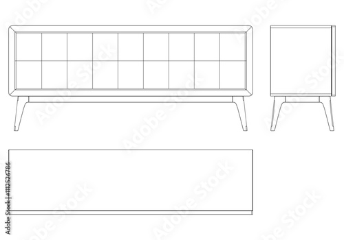 Hand drawn silhouette of mid century dresser. Modern furniture outline drawing. Line art cupboard for trendy interior design. Sketch commode on legs. Vector illustration