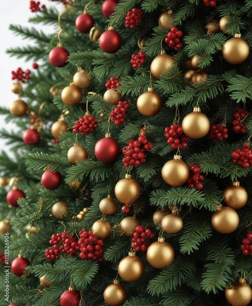 Fir Christmas tree with golden ornaments and red berries, autumnal colors, cozy, warm Fir Christmas tree with golden ornaments and red berries, autumnal colors, cozy, warm