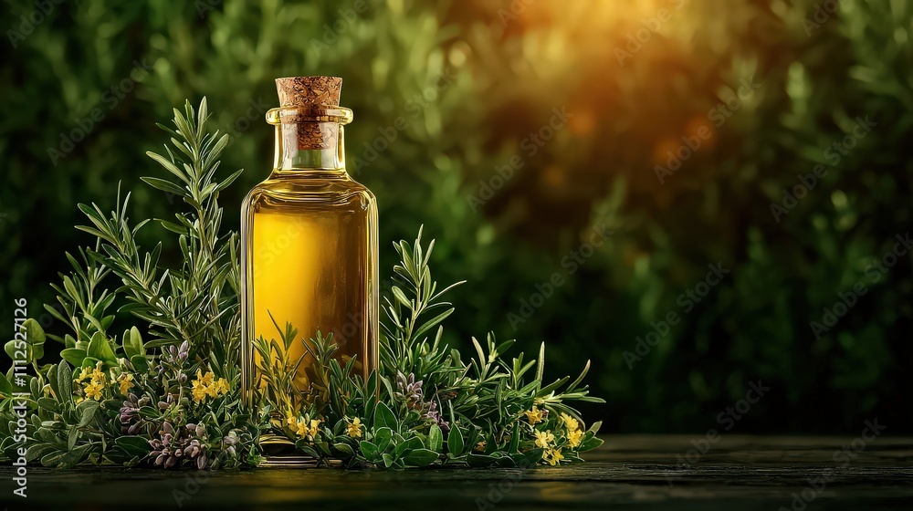 Illuminated glass bottle of olive oil with floating herbs rustic garden setting nature photography warm natural light Illuminated glass bottle of olive oil with floating herbs rustic garden setting nature photography warm natural light