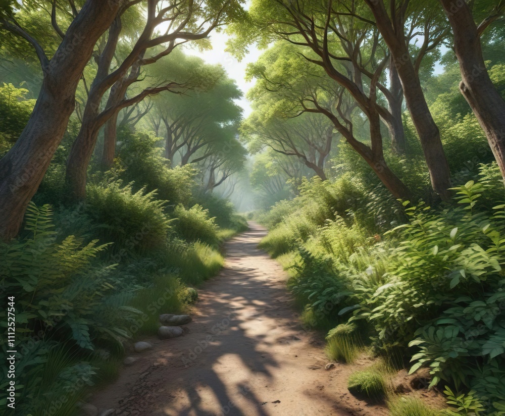 Forest path winding through the dense underbrush of deciduous trees and shrubs, underbrush, nature photography Forest path winding through the dense underbrush of deciduous trees and shrubs, underbrush, nature photography