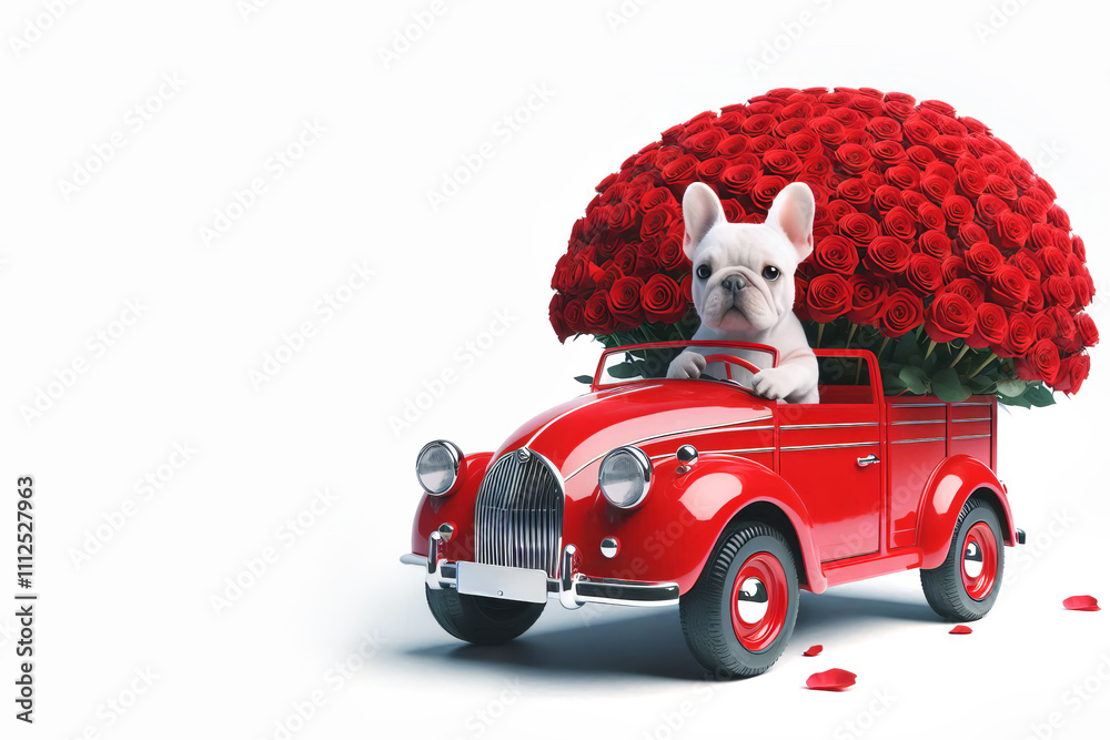 Fototapeta French bulldog sitting in red toy truck overloaded with red roses on white background. romantic gift delivery. Valentines Day and love concept. flower delivery service and transportation,