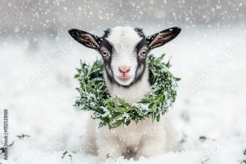 Adorable Baby Goat Surrounded by Snow with a Festive Wreath Around Its Neck, Perfect for Holiday Themes and Winter Celebrations photo