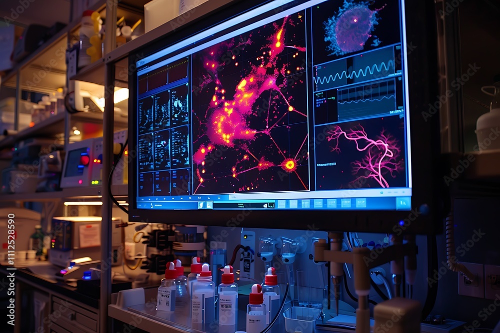 A touchscreen monitor in a lab displaying an interactive map of the human genome and neural networks A touchscreen monitor in a lab displaying an interactive map of the human genome and neural networks
