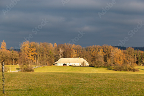A countryside house at the edge of a field on an autumn evening.