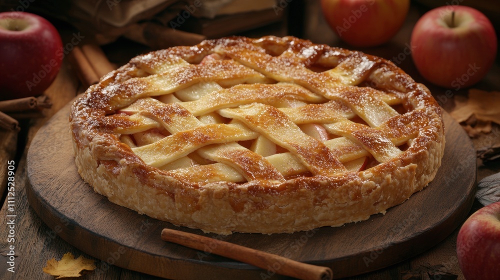 Freshly Baked Apple Pie with Lattice Crust and Spices on Table Freshly Baked Apple Pie with Lattice Crust and Spices on Table