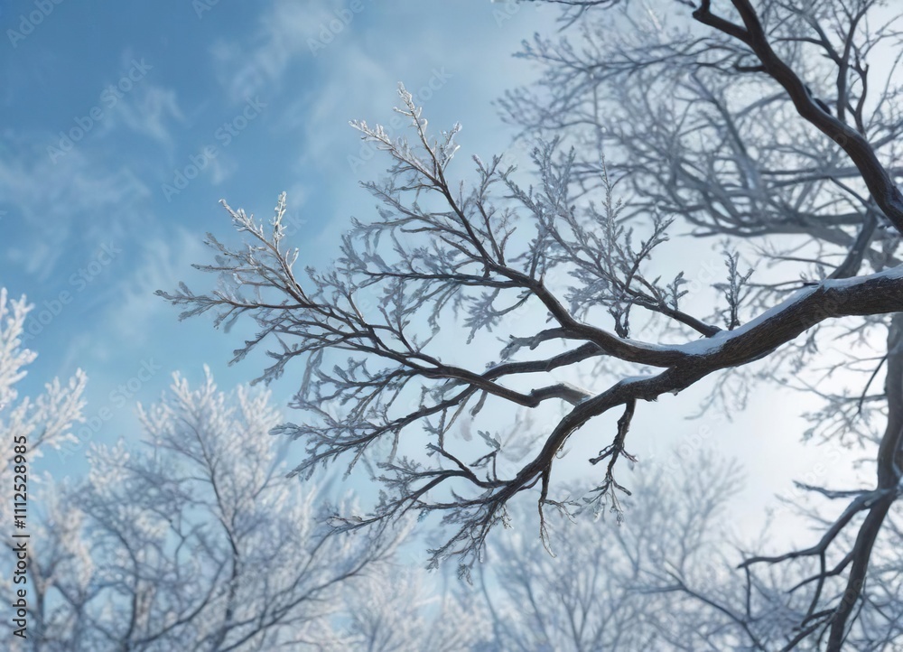 Frosty branches etched against a soft blue sky, serene nature, frozen scenery Frosty branches etched against a soft blue sky, serene nature, frozen scenery