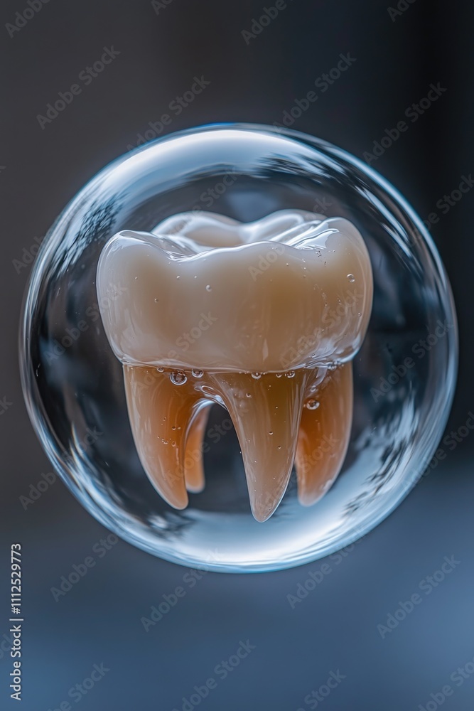 A single tooth suspended within a transparent glass bubble A single tooth suspended within a transparent glass bubble