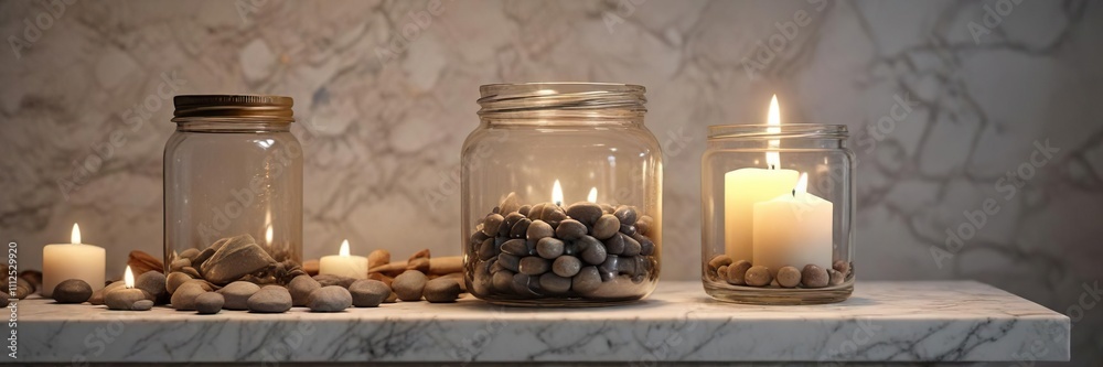 Glass jar on a marble shelf with candles and pebbles, ornate, marble, shelf