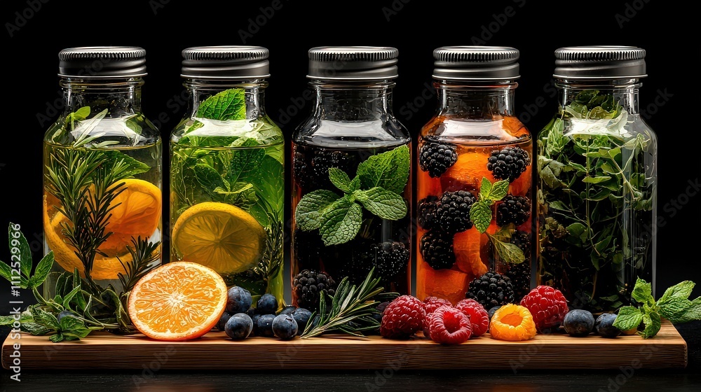 Refreshing infused water bottles display kitchen food photography elegant environment close-up healthy lifestyle concept Refreshing infused water bottles display kitchen food photography elegant environment close-up healthy lifestyle concept