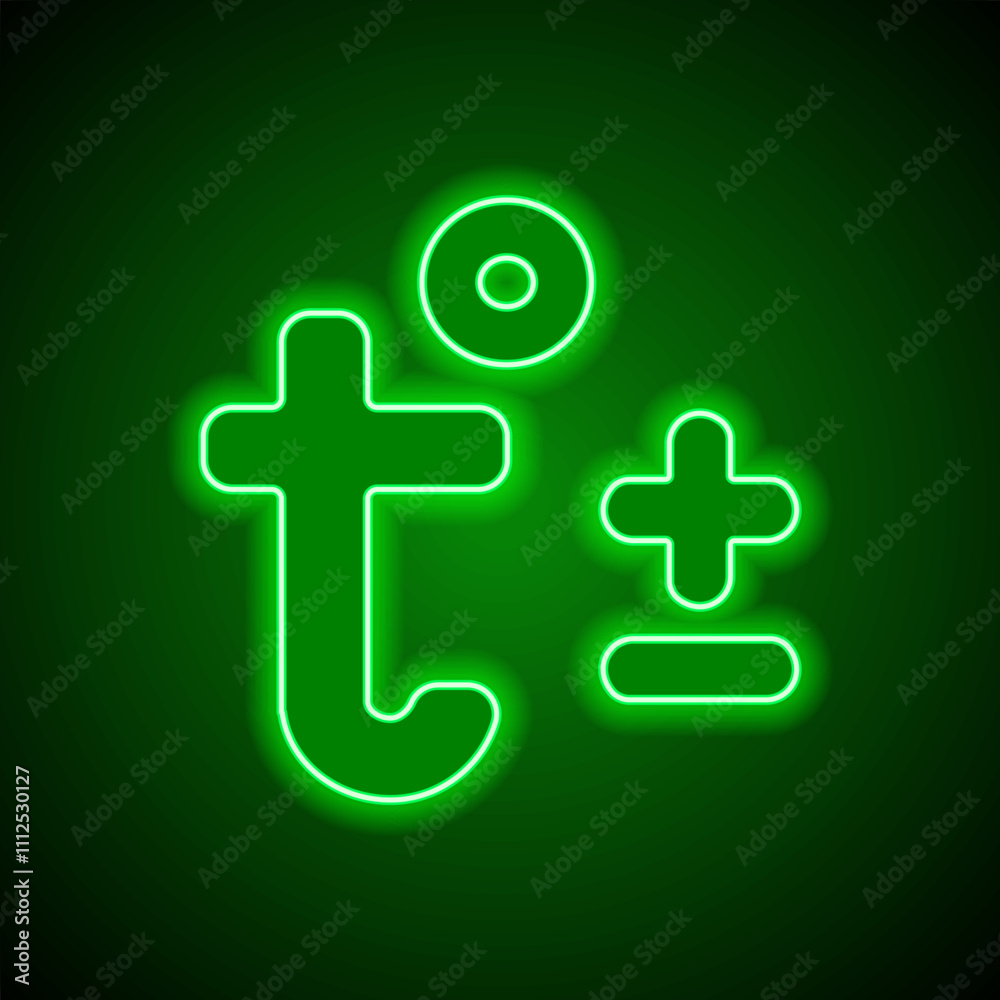 Temperature simple icon vector. Flat design. Green neon on black background with green light Temperature simple icon vector. Flat design. Green neon on black background with green light