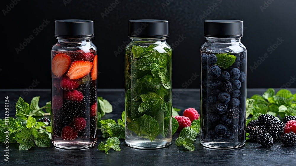 Elegant infused water glass bottles with fresh fruits and herbs modern kitchen still life dark background refreshing concept Elegant infused water glass bottles with fresh fruits and herbs modern kitchen still life dark background refreshing concept