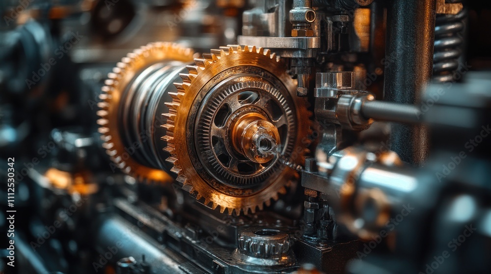 A close-up of intricate gears and machinery being installed in the mechanical room of a new high-rise building, with construction workers in safety vests carefully adjusting the system's components A close-up of intricate gears and machinery being installed in the mechanical room of a new high-rise building, with construction workers in safety vests carefully adjusting the system's components