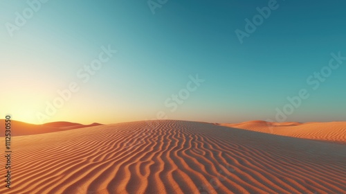 Serene Sunset Over Golden Sand Dunes in Clear Blue Sky, Desert Landscape