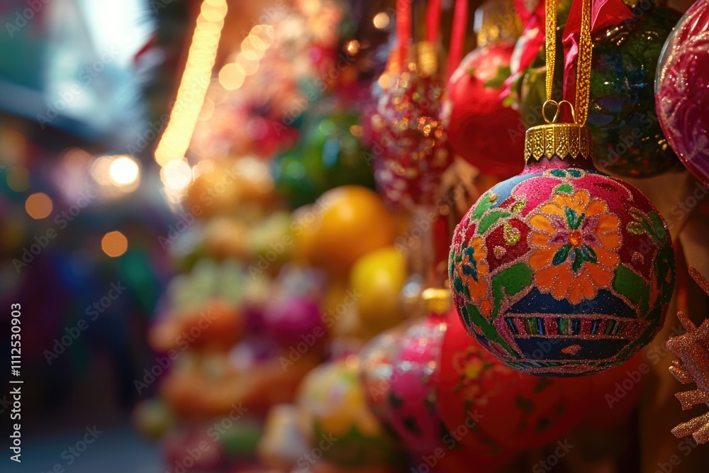 A collection of decorative ornaments suspended from the ceiling, perfect for use in scenes depicting festive occasions or interior design settings