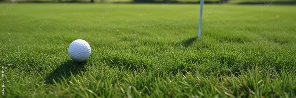 golf ball landing on a green grassy surface with a few blades of grass surrounding it, sports equipment, green lawn, outdoor sport golf ball landing on a green grassy surface with a few blades of grass surrounding it, sports equipment, green lawn, outdoor sport
