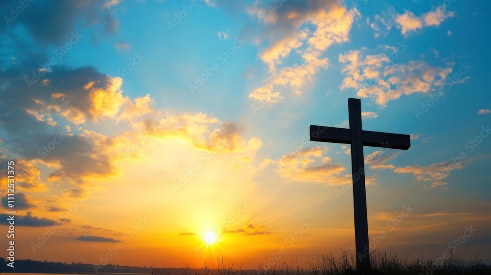 Sunrise with cross in vibrant sky, peaceful landscape. Sunrise with cross in vibrant sky, peaceful landscape.