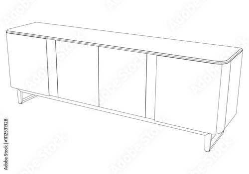 Hand drawn silhouette of mid century dresser. Modern furniture outline drawing. Line art cupboard for trendy interior design. Sketch commode on legs. Vector illustration