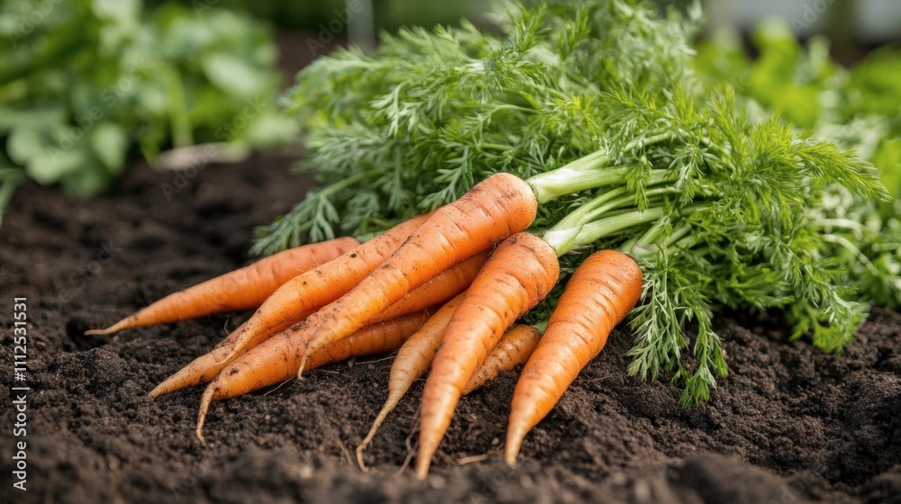 Freshly Harvested Carrots with Green Tops on Dark Soil Background Freshly Harvested Carrots with Green Tops on Dark Soil Background