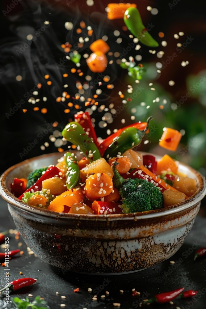 A colorful bowl filled with various vegetables and no meat or dairy A colorful bowl filled with various vegetables and no meat or dairy