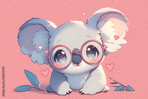 A cute cartoon koala with glasses and hearts, set against a pink background. photo