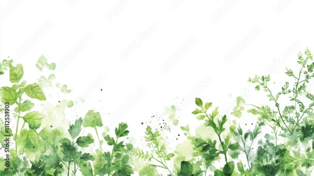 Fototapeta premium Artistic arrangement of fresh herbs in watercolor, vibrant green tones against a crisp white background