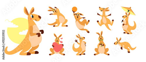 Funny kangaroo. Cartoon kangaroo characters in different poses. Australian wild animals jumping eating smiling. Cute classy vector animal from australia