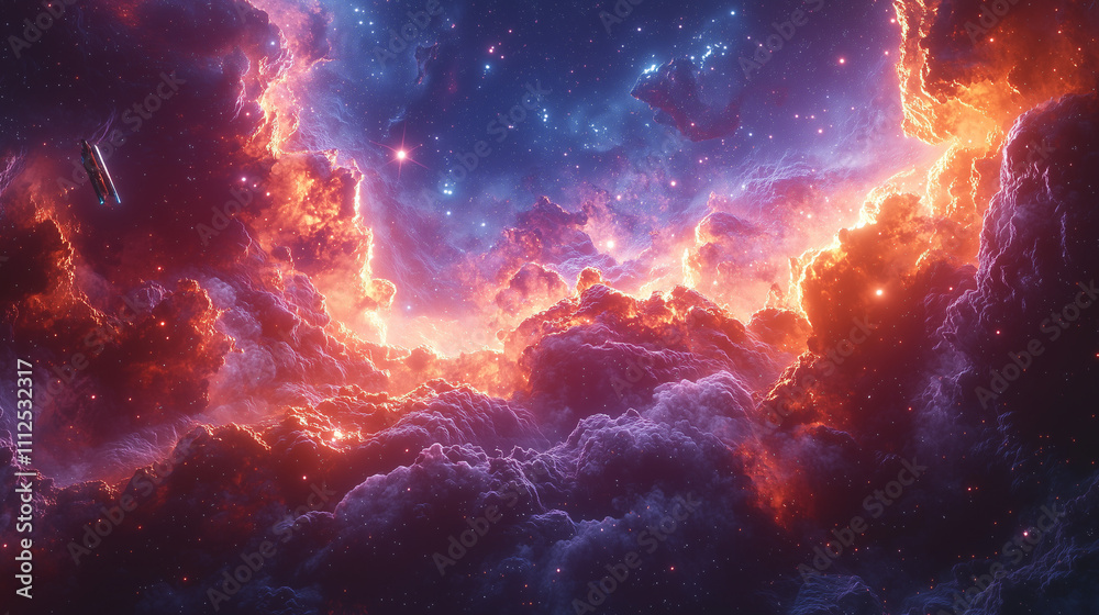 tiny spacecraft lost in a colorful chaotic nebula, swirling with pink and blue hues under a starry sky tiny spacecraft lost in a colorful chaotic nebula, swirling with pink and blue hues under a starry sky