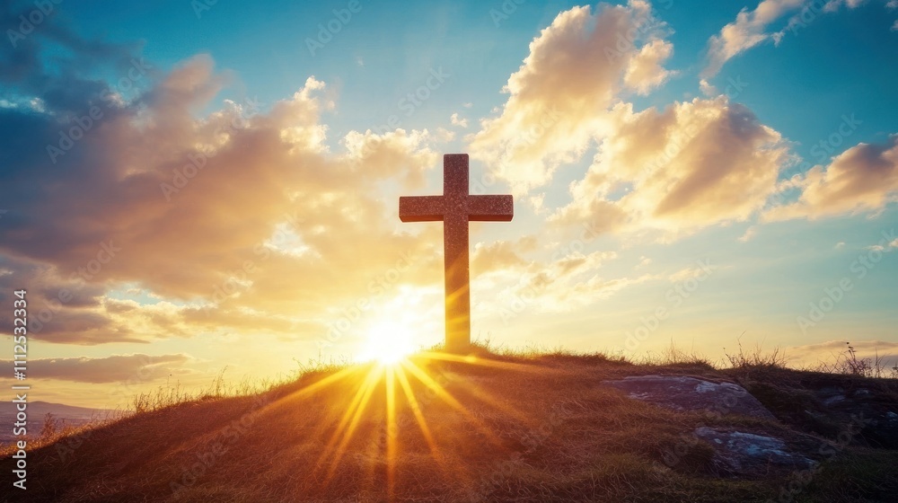 Cross on grassy knoll under vibrant blue sunset skies. Cross on grassy knoll under vibrant blue sunset skies.