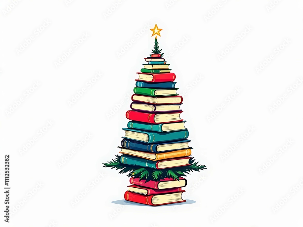 Clip art of a Christmas tree crafted from stacked books.