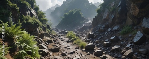 Cloud forest passage partially buried under landslide rubble, rockslides, roots exposed, soil photo